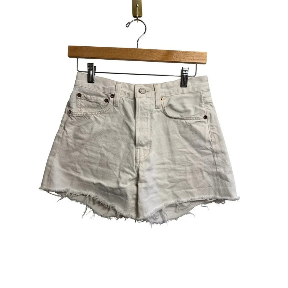 AGOLDE Womens Size 24 Long White High Rise Raw Hem DenimShorts SEE MEASUREMENTS